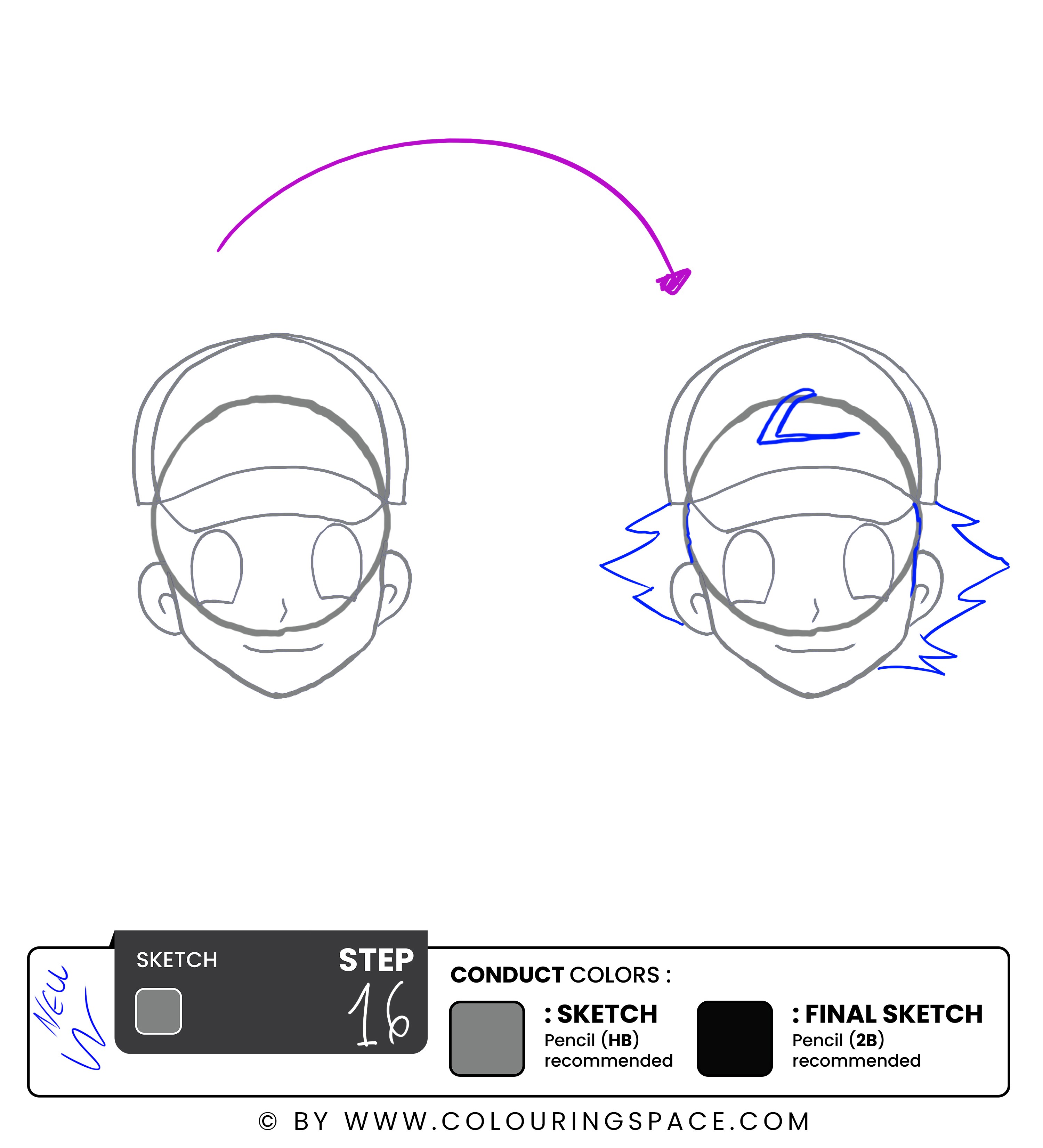 Step16 : Draw Ash's Spiky Hair, Add the Logo to the Hat