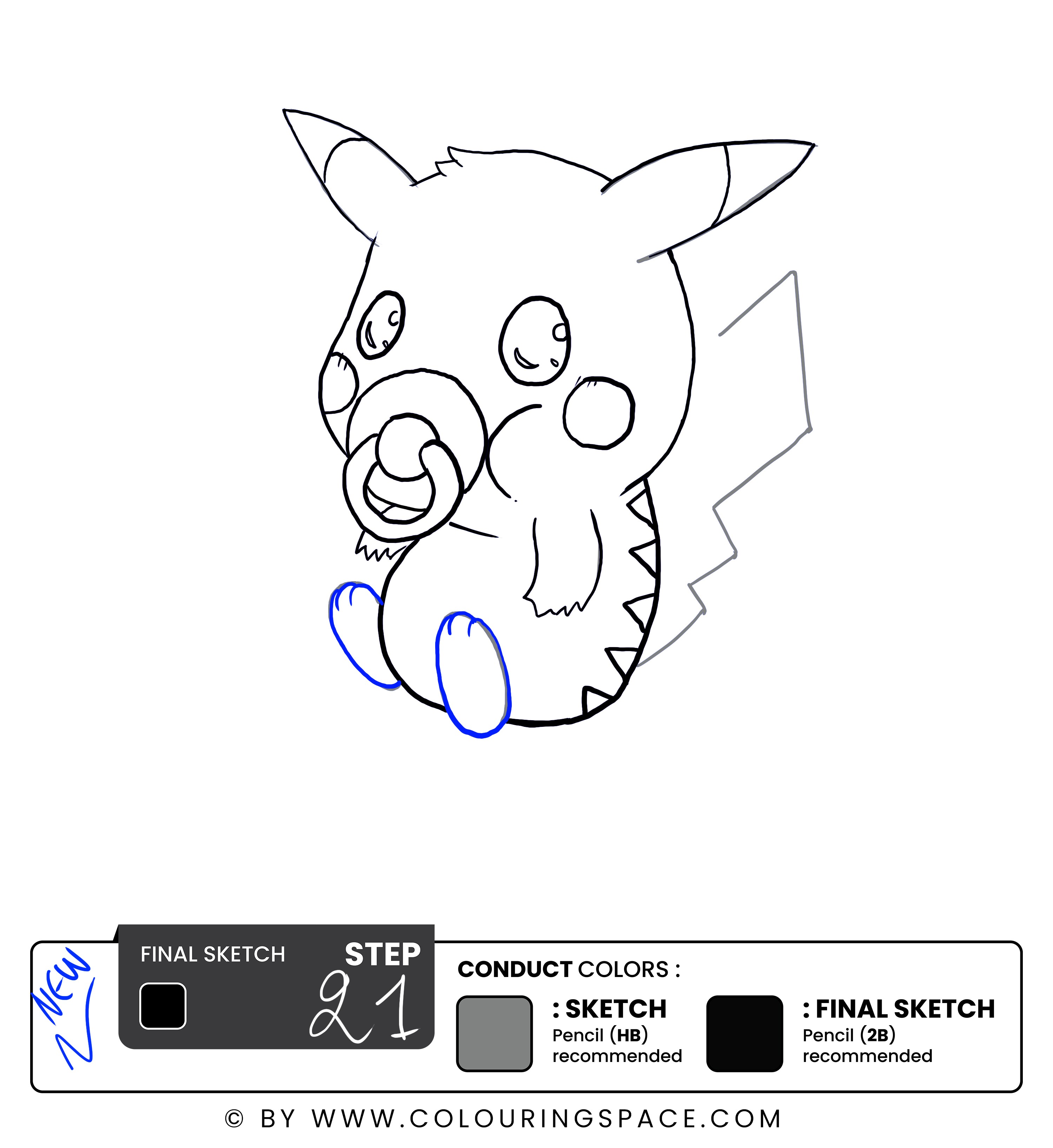 Step 21: Outline Pikachu’s Feet