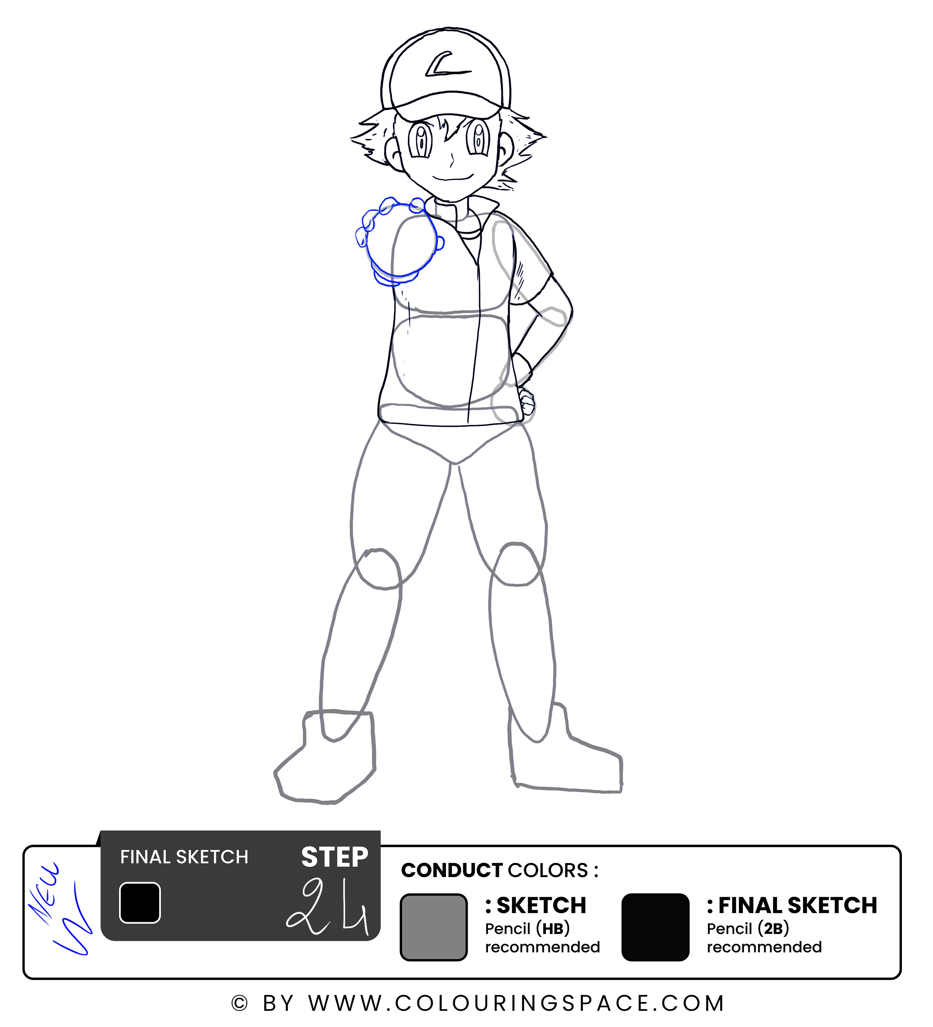 Step 24: Draw Ash's Hands and the Pokeball 
